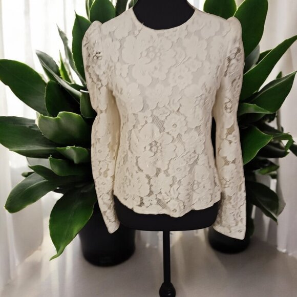 WAYF Ivory Lace Blouse – Puff Shoulders, Sheer Long Sleeves, Back Zip, S… - Picture 5 of 10